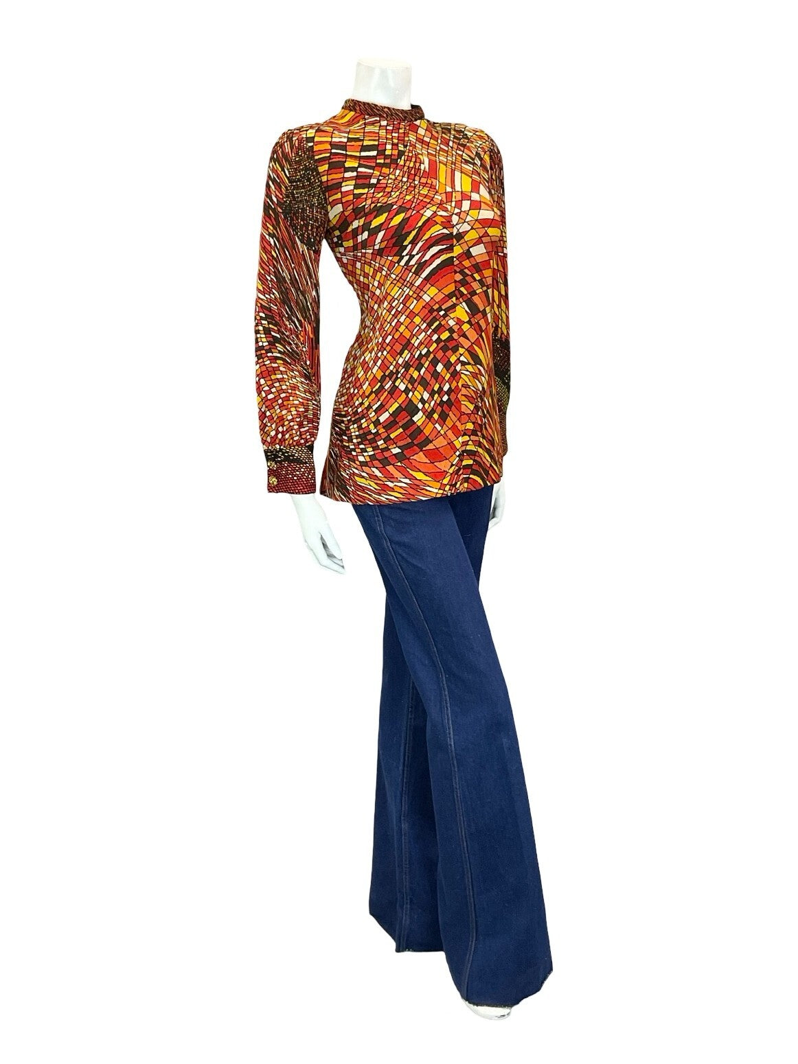 VTG 60S 70S RED ORANGE BROWN YELLOW PSYCHEDELIC GEOMETRIC LINE BLOUSE 8 6
