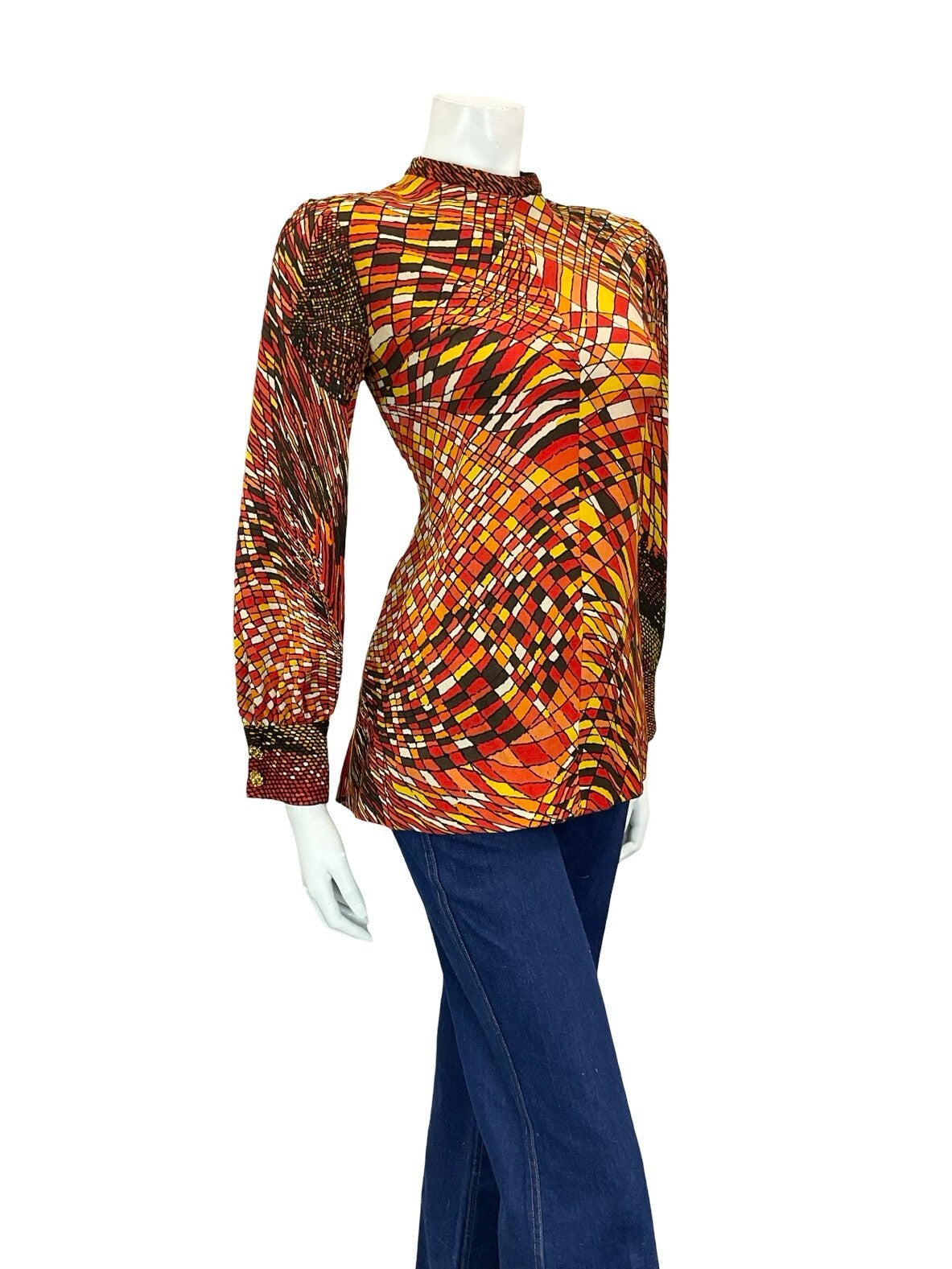 VTG 60S 70S RED ORANGE BROWN YELLOW PSYCHEDELIC GEOMETRIC LINE BLOUSE 8 6