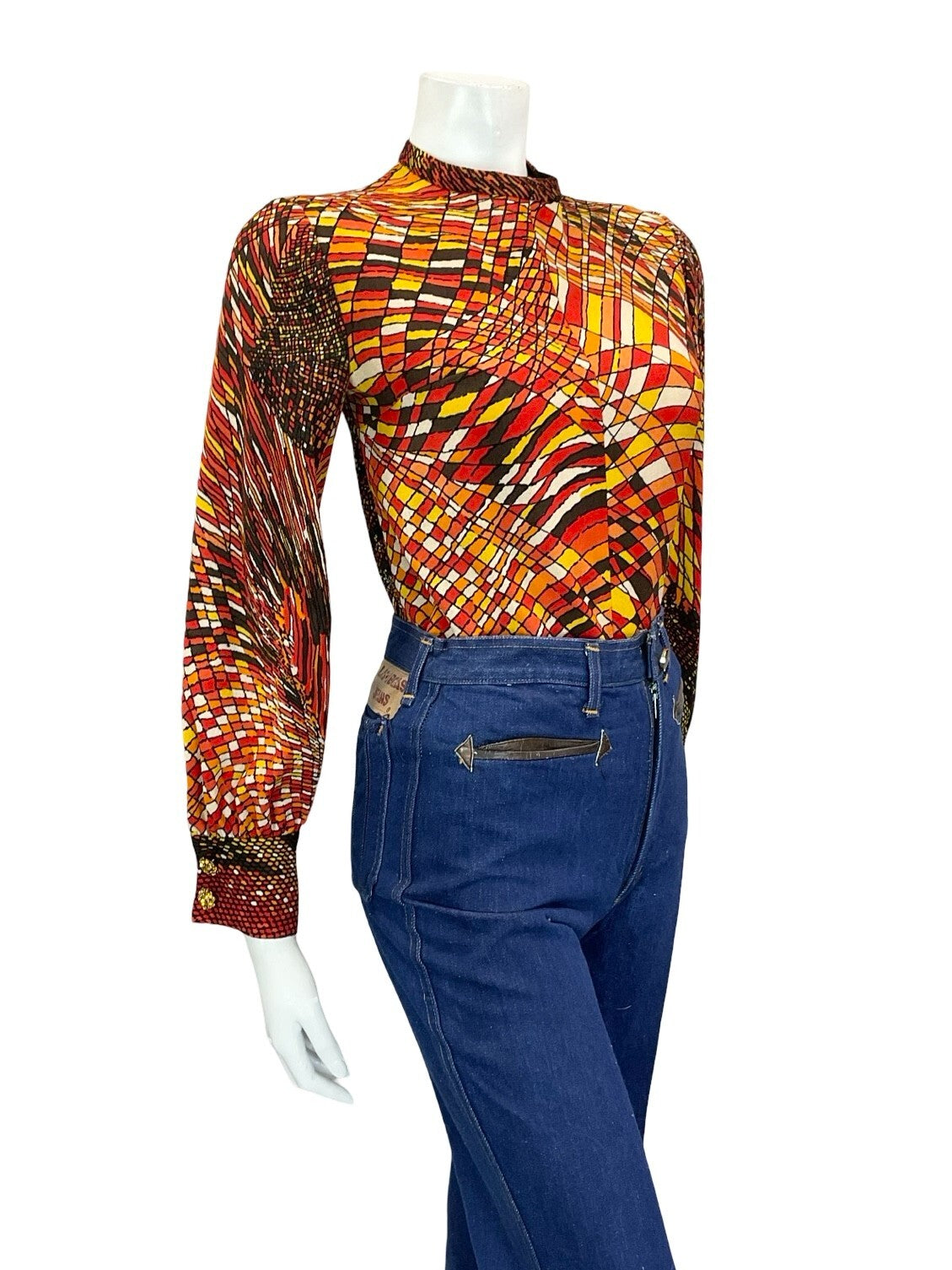 VTG 60S 70S RED ORANGE BROWN YELLOW PSYCHEDELIC GEOMETRIC LINE BLOUSE 8 6