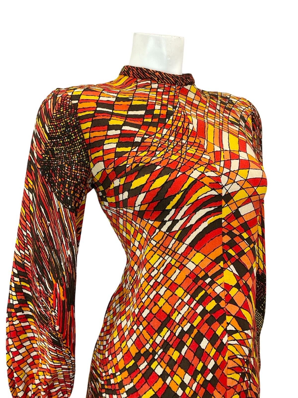 VTG 60S 70S RED ORANGE BROWN YELLOW PSYCHEDELIC GEOMETRIC LINE BLOUSE 8 6