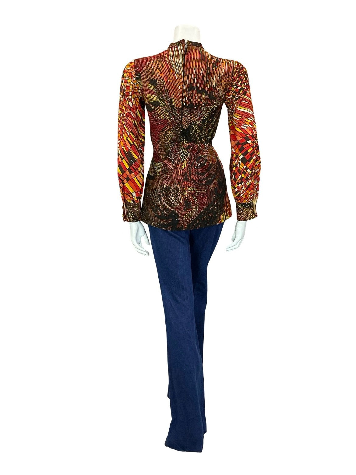 VTG 60S 70S RED ORANGE BROWN YELLOW PSYCHEDELIC GEOMETRIC LINE BLOUSE 8 6