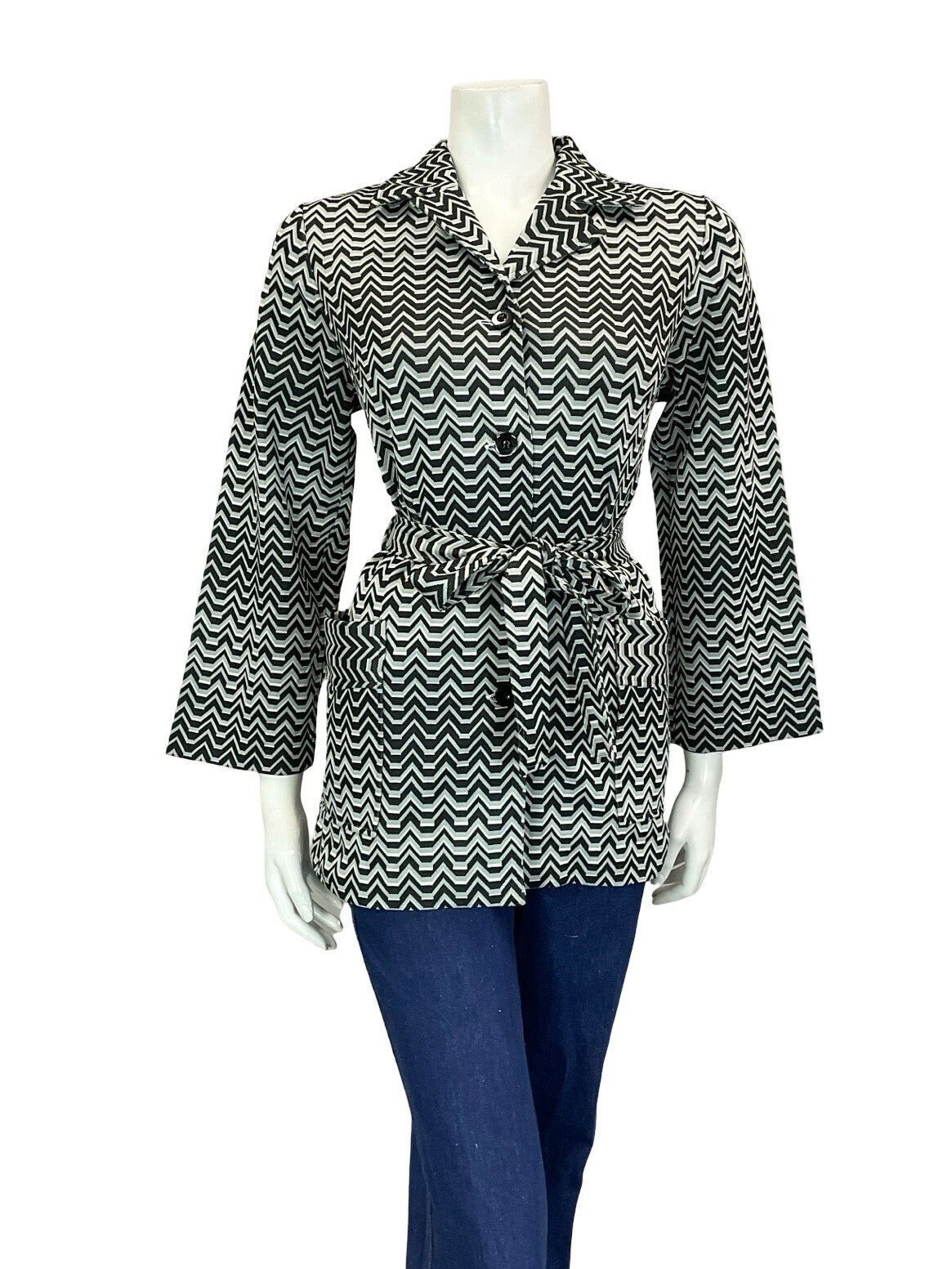 VTG 60S 70S BLACK WHITE GREY GEOMETRIC ZIGZAG TIE WAIST JOHNNY COLLAR SHIRT 12
