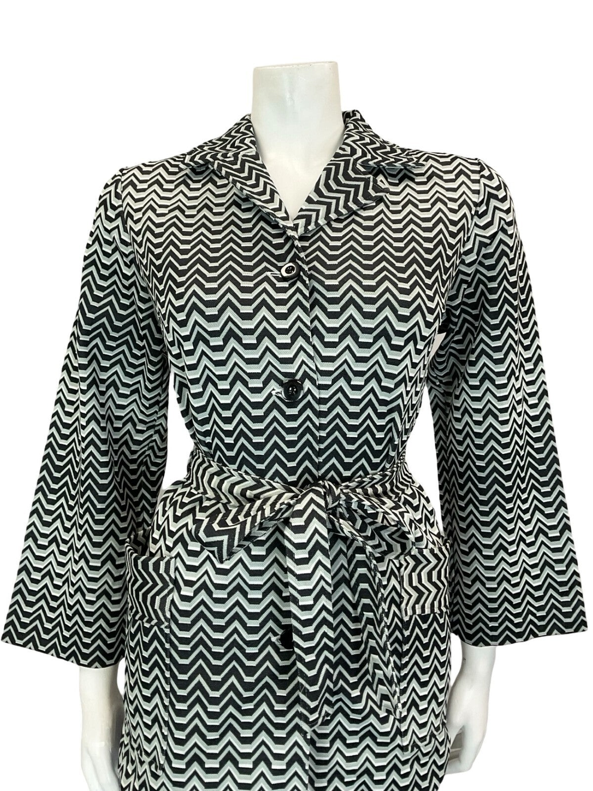 VTG 60S 70S BLACK WHITE GREY GEOMETRIC ZIGZAG TIE WAIST JOHNNY COLLAR SHIRT 12
