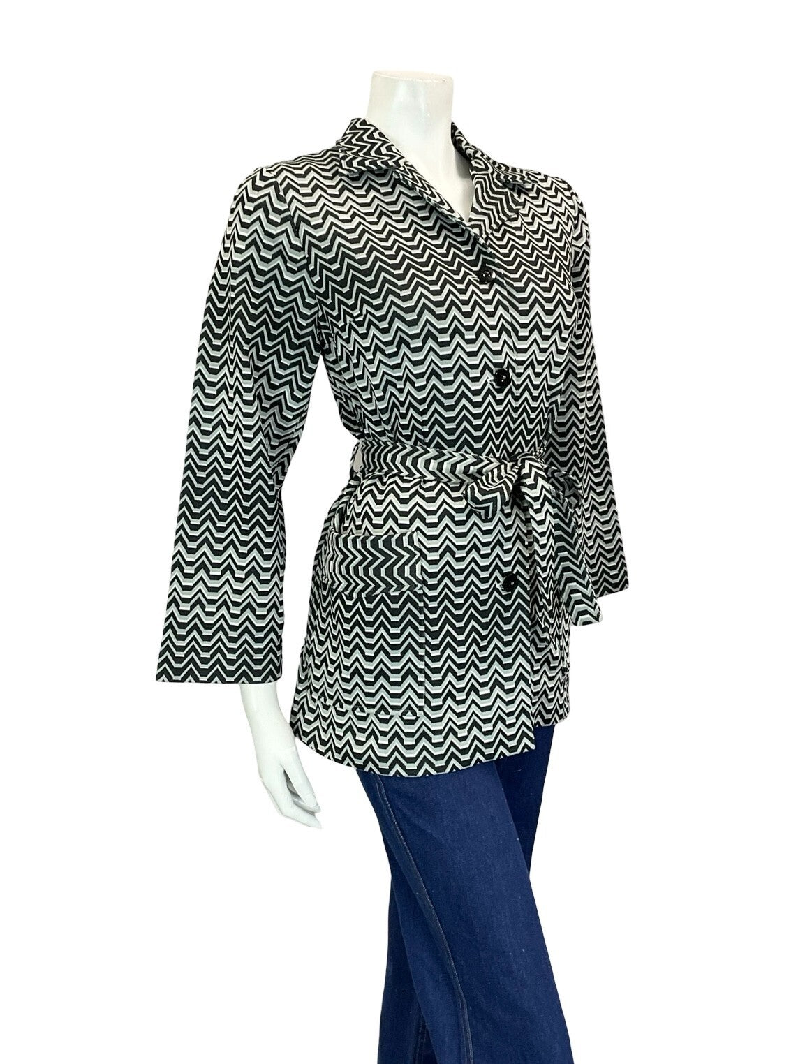 VTG 60S 70S BLACK WHITE GREY GEOMETRIC ZIGZAG TIE WAIST JOHNNY COLLAR SHIRT 12