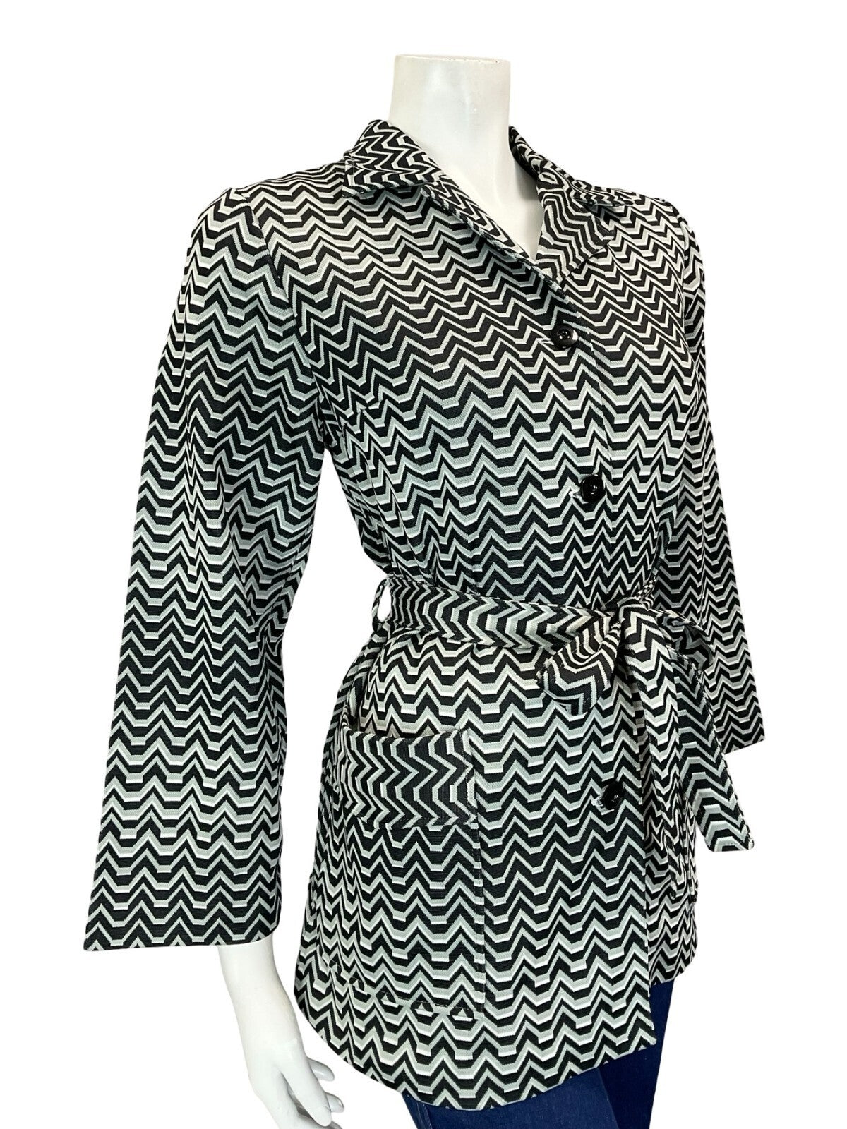 VTG 60S 70S BLACK WHITE GREY GEOMETRIC ZIGZAG TIE WAIST JOHNNY COLLAR SHIRT 12