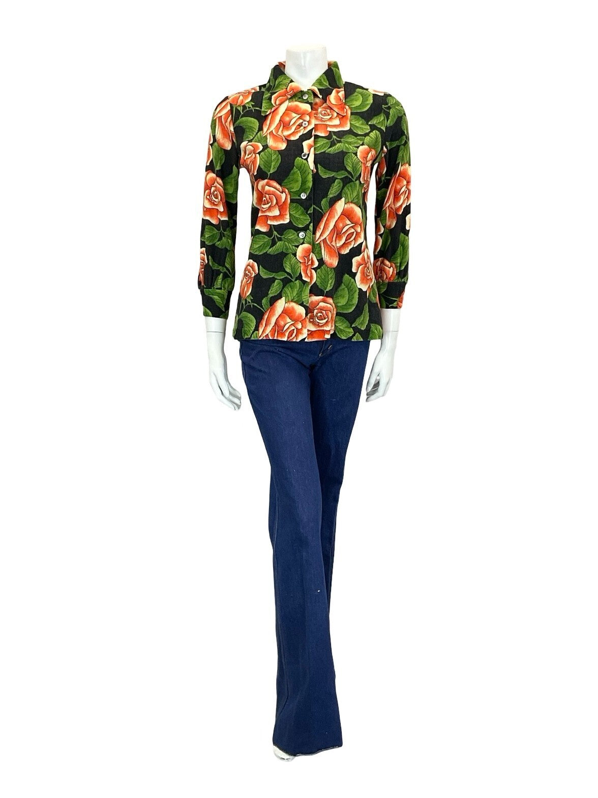VTG 90S DOES 70S ROSE FORAL RED CREAM GREEN BLACK DAGGER COLLAR SHIRT 10