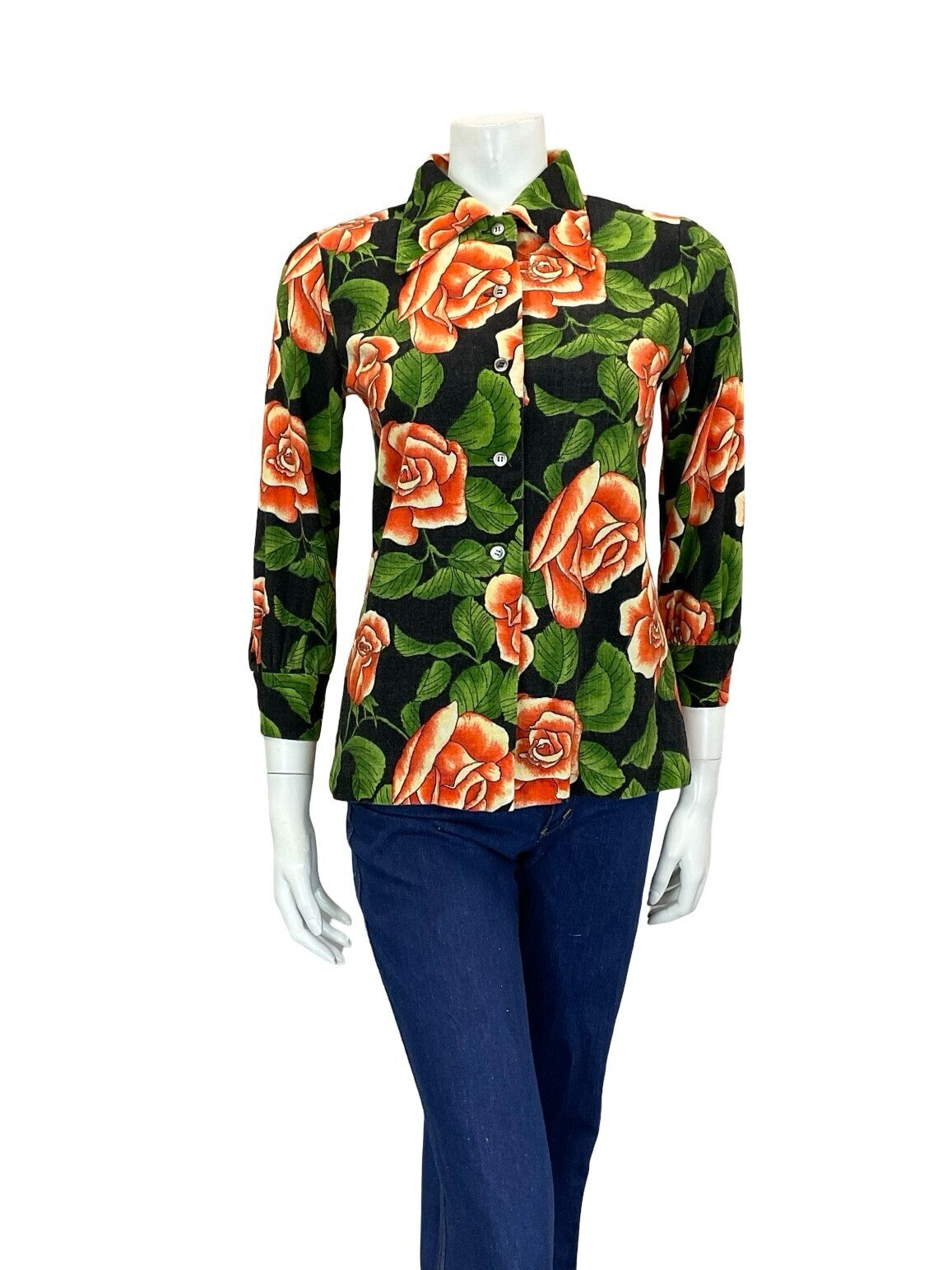 VTG 90S DOES 70S ROSE FORAL RED CREAM GREEN BLACK DAGGER COLLAR SHIRT 10