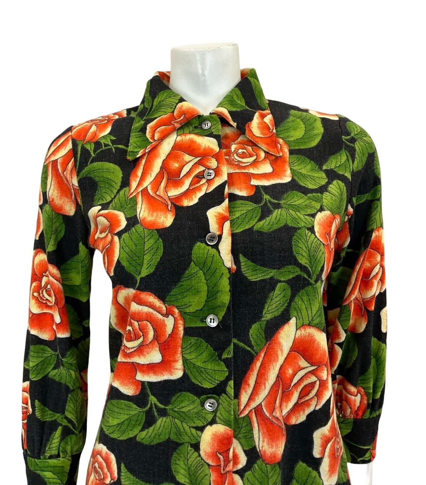 VTG 90S DOES 70S ROSE FORAL RED CREAM GREEN BLACK DAGGER COLLAR SHIRT 10