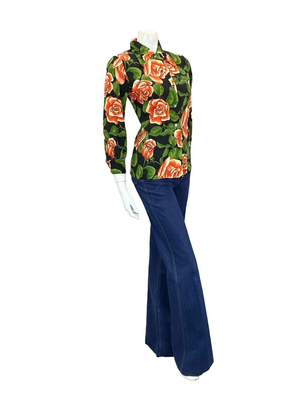 VTG 90S DOES 70S ROSE FORAL RED CREAM GREEN BLACK DAGGER COLLAR SHIRT 10
