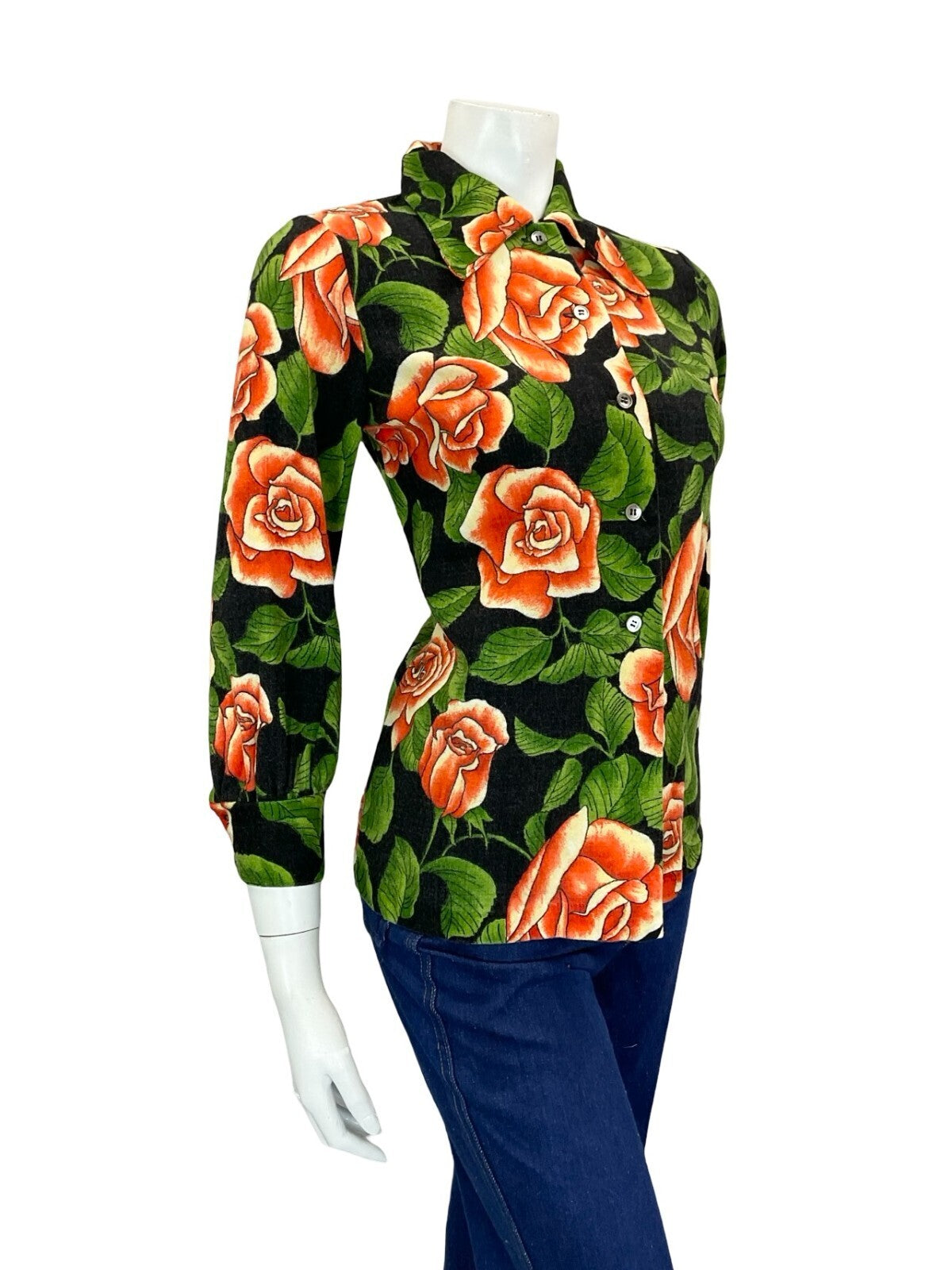 VTG 90S DOES 70S ROSE FORAL RED CREAM GREEN BLACK DAGGER COLLAR SHIRT 10