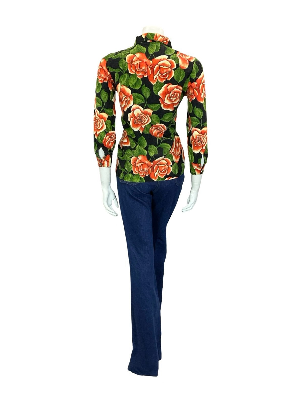 VTG 90S DOES 70S ROSE FORAL RED CREAM GREEN BLACK DAGGER COLLAR SHIRT 10