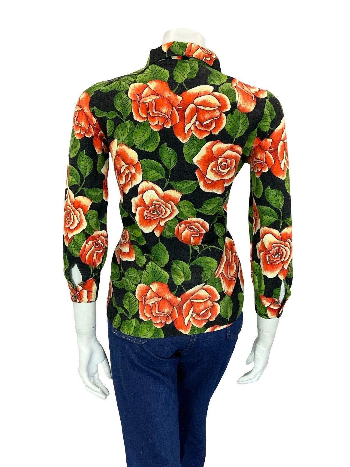 VTG 90S DOES 70S ROSE FORAL RED CREAM GREEN BLACK DAGGER COLLAR SHIRT 10