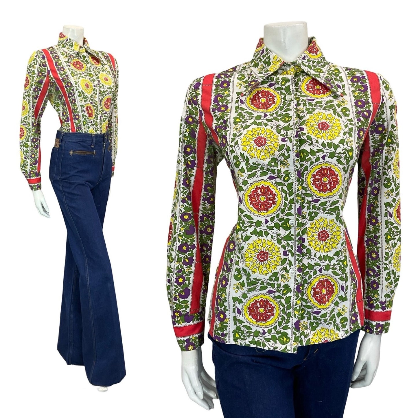 VTG 60S 70S FLORAL GEOMETRIC FOLK LEAFY MANDALA WHITE RED GREEN YELLOW SHIRT 14