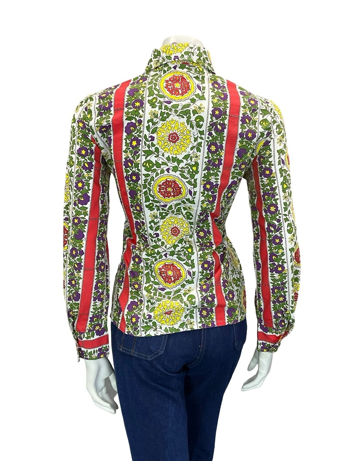 VTG 60S 70S FLORAL GEOMETRIC FOLK LEAFY MANDALA WHITE RED GREEN YELLOW SHIRT 14