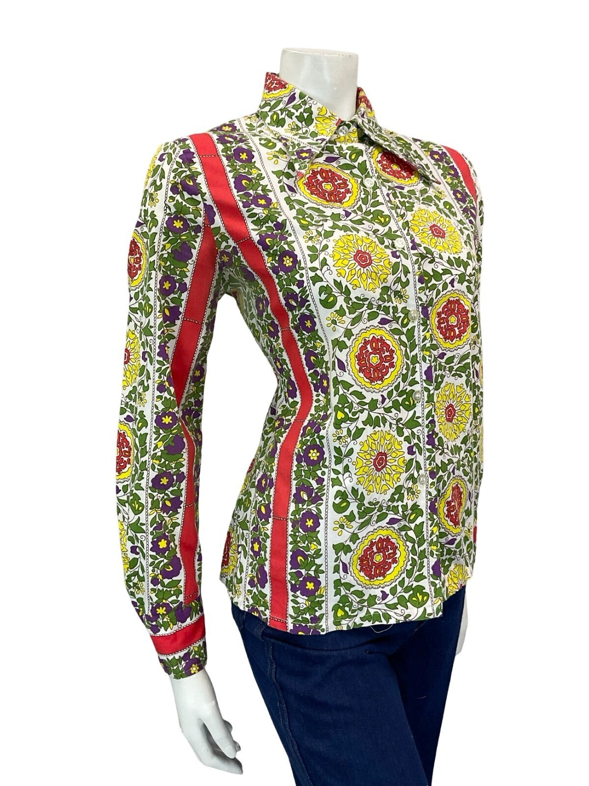 VTG 60S 70S FLORAL GEOMETRIC FOLK LEAFY MANDALA WHITE RED GREEN YELLOW SHIRT 14