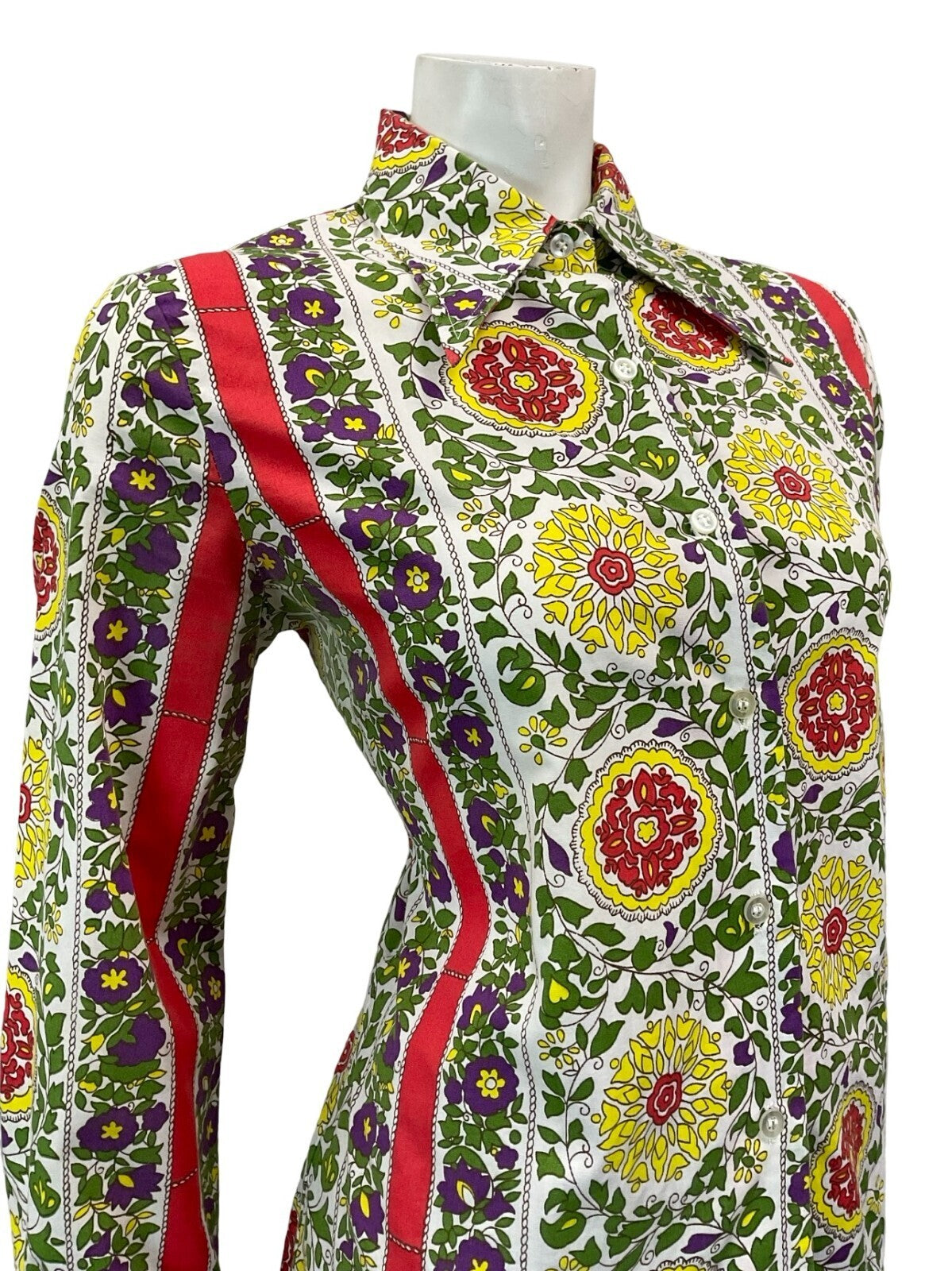 VTG 60S 70S FLORAL GEOMETRIC FOLK LEAFY MANDALA WHITE RED GREEN YELLOW SHIRT 14