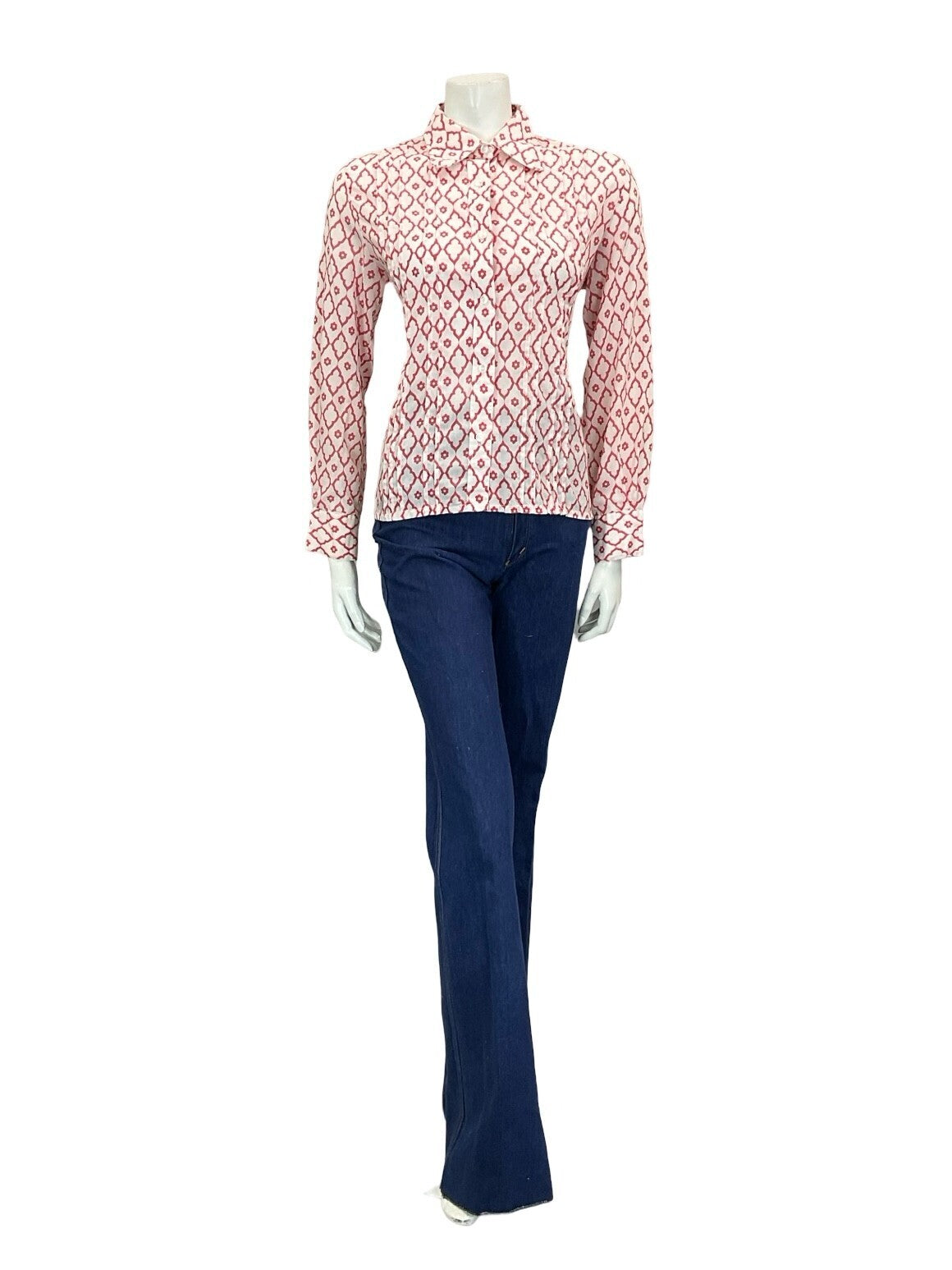 VTG 60S 70S RED WHITE DIAMOND DAISY GEOMETRIC MOD SPOON COLLAR PLEATED SHIRT 12
