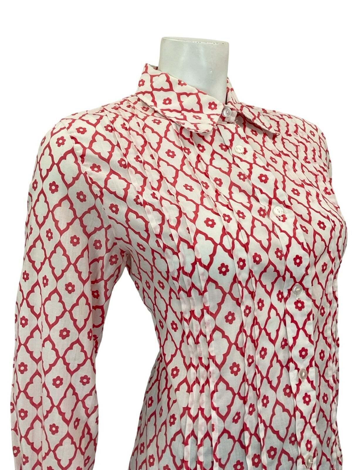 VTG 60S 70S RED WHITE DIAMOND DAISY GEOMETRIC MOD SPOON COLLAR PLEATED SHIRT 12