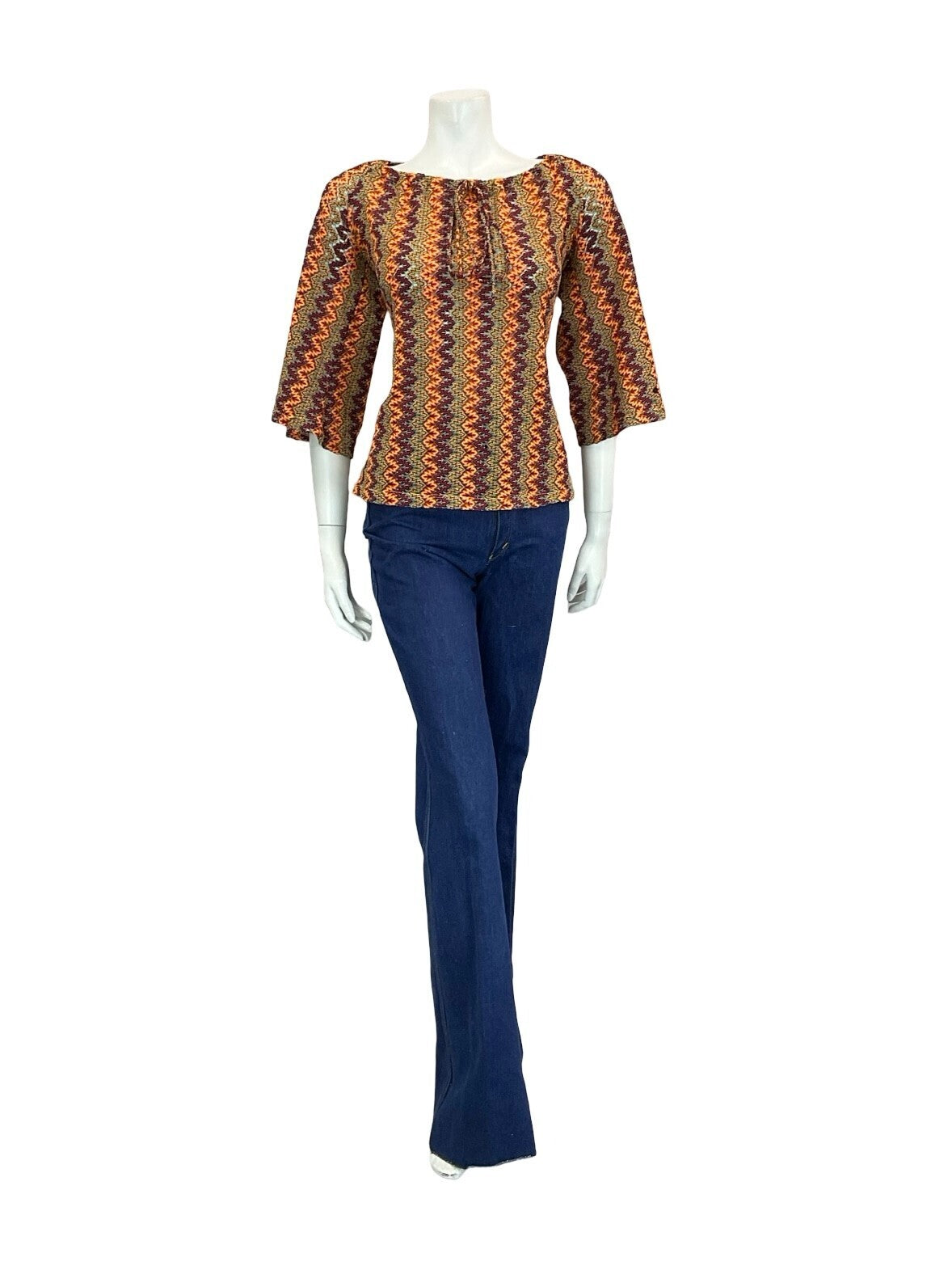 VTG 70S BROWN YELLOW RED OEANGE PURPLE ZIGZAG PSYCHEDELIC BELL SLEEVE TOP 10