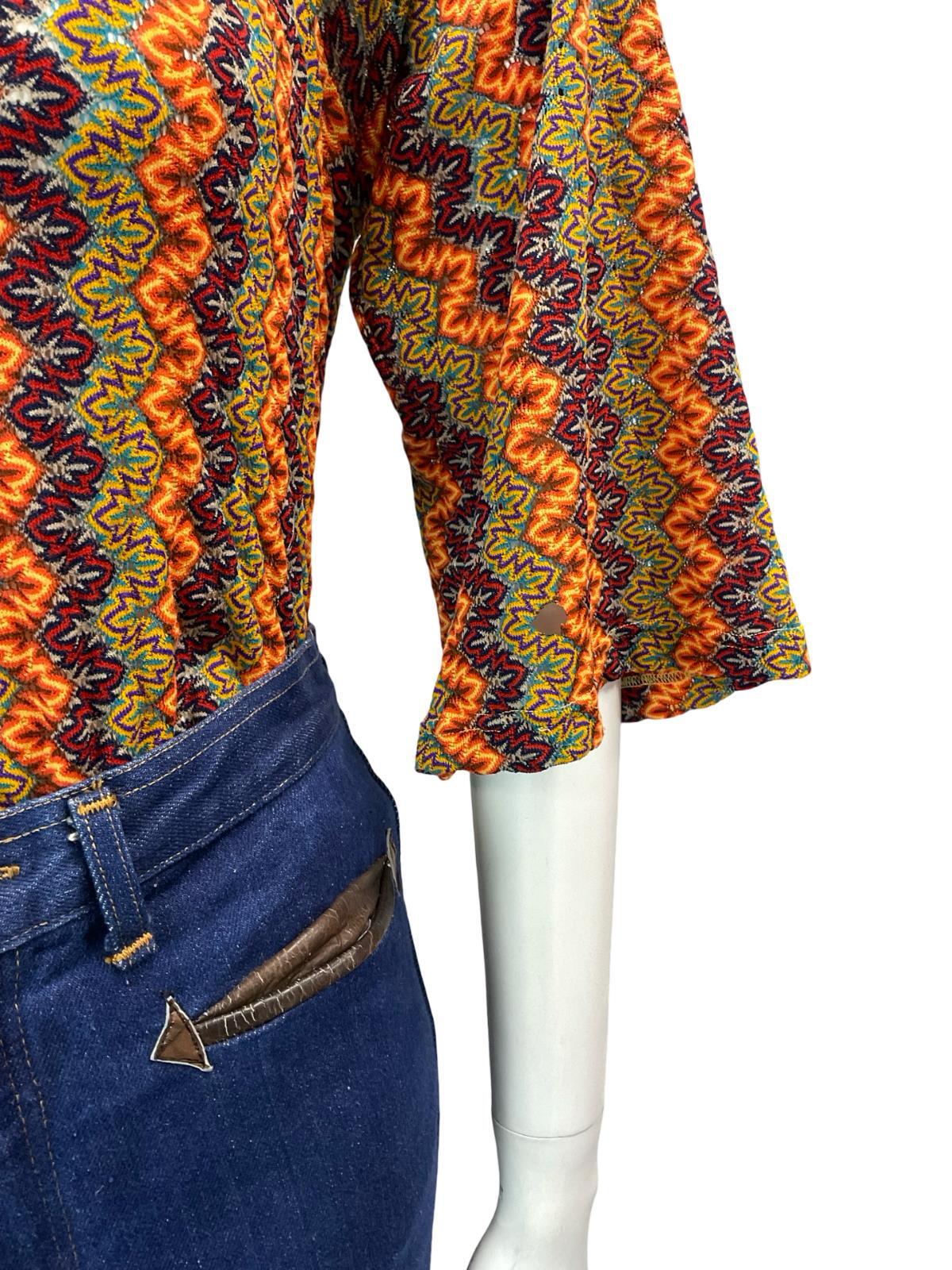 VTG 70S BROWN YELLOW RED OEANGE PURPLE ZIGZAG PSYCHEDELIC BELL SLEEVE TOP 10