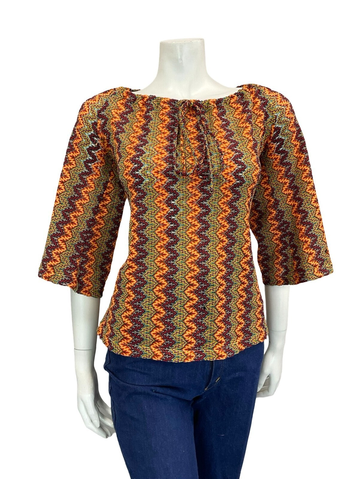 VTG 70S BROWN YELLOW RED OEANGE PURPLE ZIGZAG PSYCHEDELIC BELL SLEEVE TOP 10