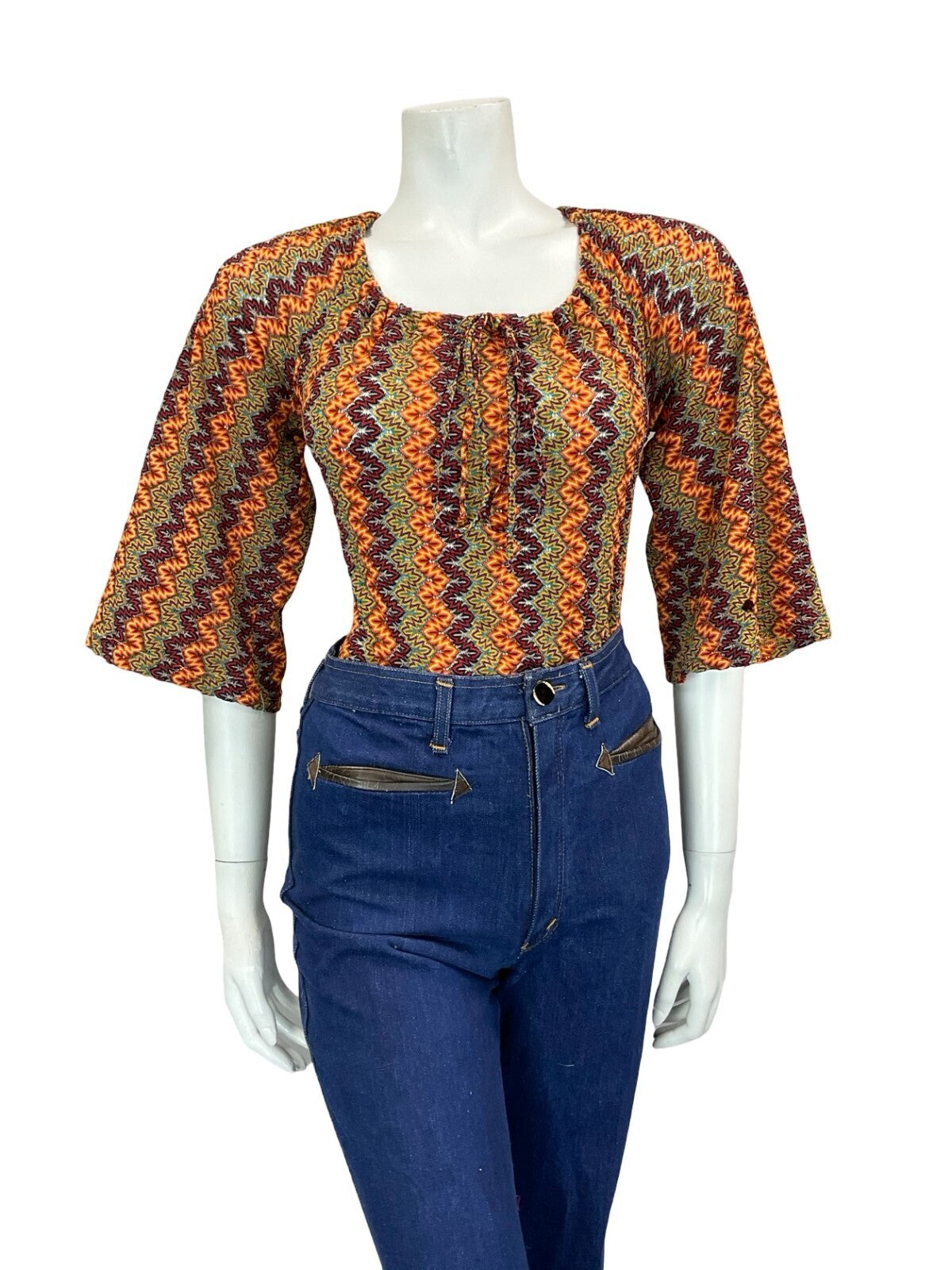 VTG 70S BROWN YELLOW RED OEANGE PURPLE ZIGZAG PSYCHEDELIC BELL SLEEVE TOP 10