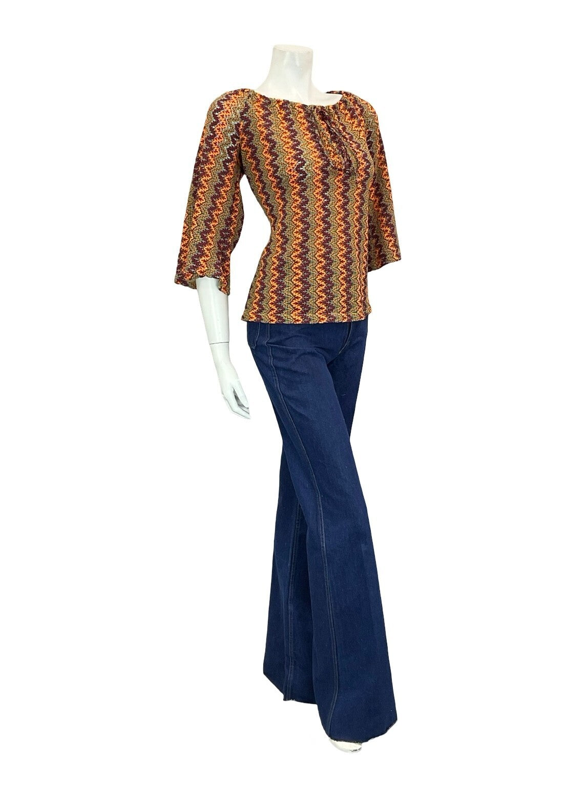 VTG 70S BROWN YELLOW RED OEANGE PURPLE ZIGZAG PSYCHEDELIC BELL SLEEVE TOP 10