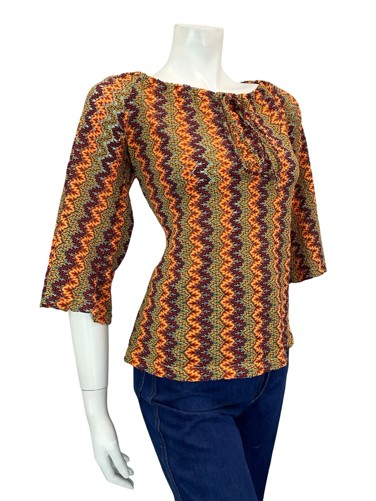 VTG 70S BROWN YELLOW RED OEANGE PURPLE ZIGZAG PSYCHEDELIC BELL SLEEVE TOP 10