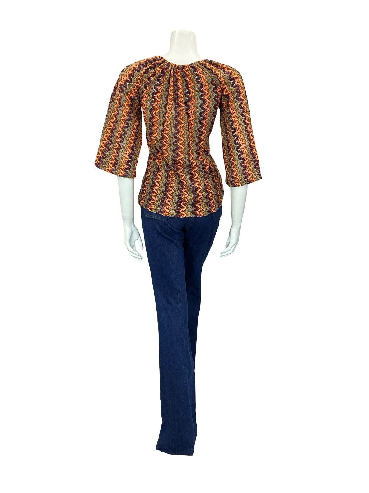VTG 70S BROWN YELLOW RED OEANGE PURPLE ZIGZAG PSYCHEDELIC BELL SLEEVE TOP 10