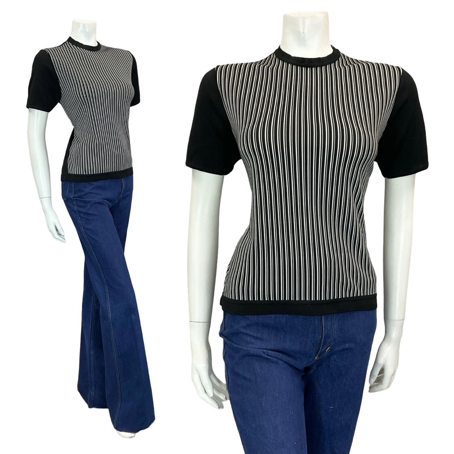 VTG 70S BLACK WHITE GEOMETRIC VERTICAL STRIPED SPORTY SHORT SLEEVE TOP S 8 10