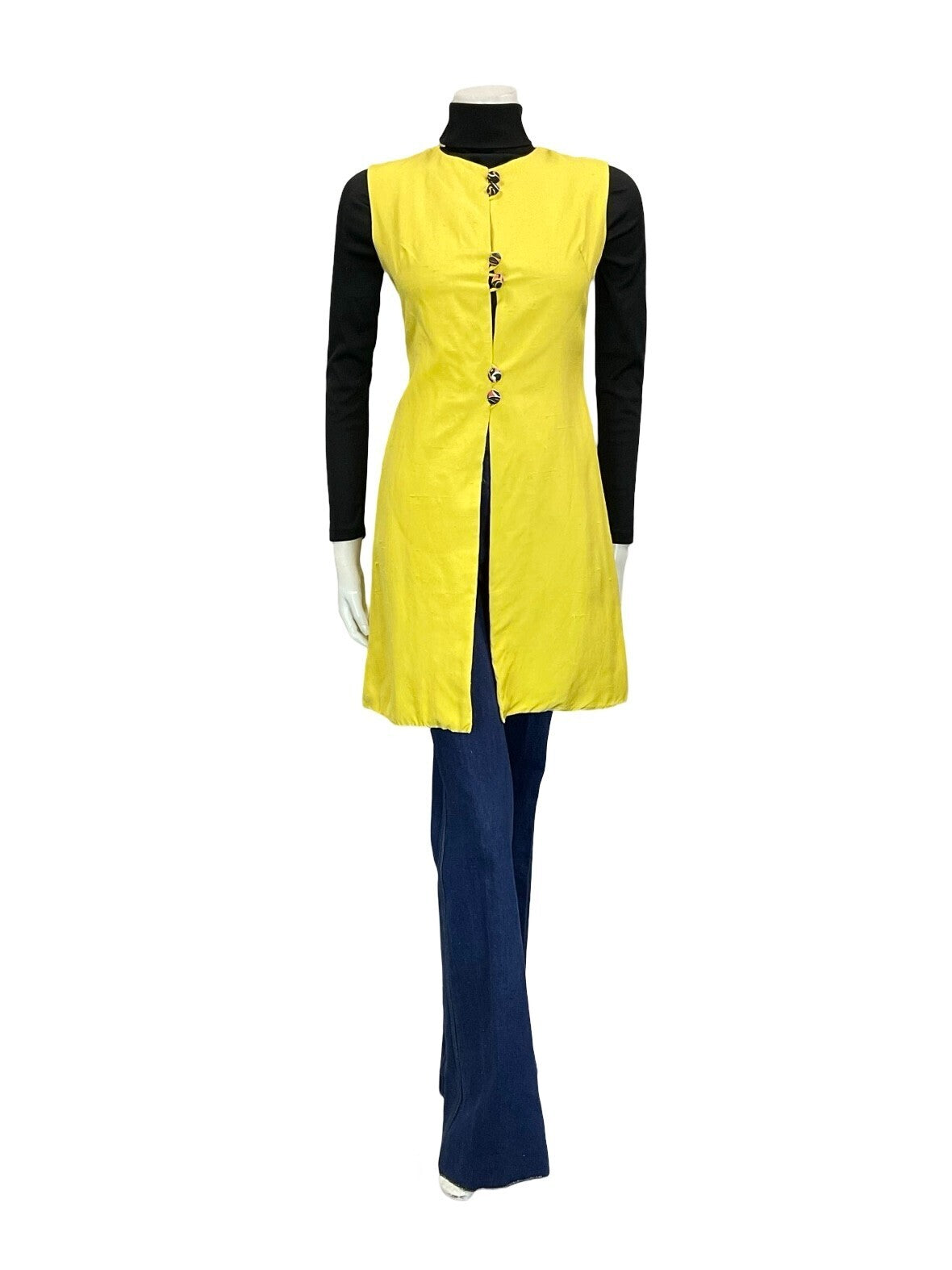VTG 60S 70S BOHO HIPPY PSYCHEDELIC YELLOW BUTTON DOWN LONG WAISTCOAT XS 6