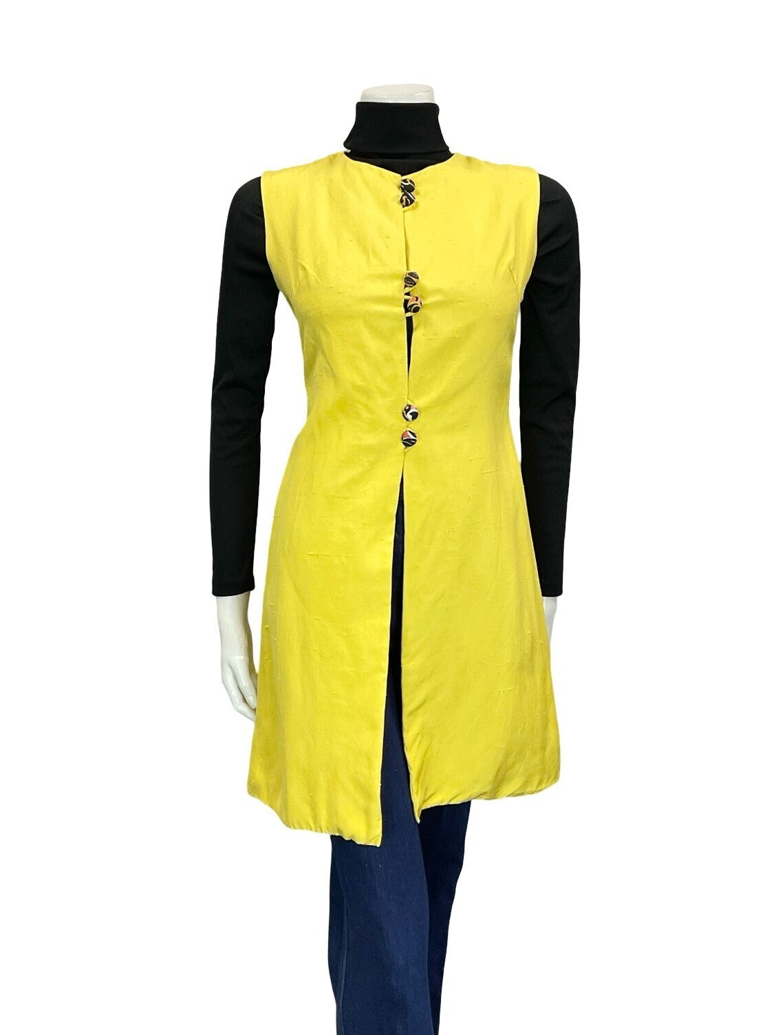VTG 60S 70S BOHO HIPPY PSYCHEDELIC YELLOW BUTTON DOWN LONG WAISTCOAT XS 6