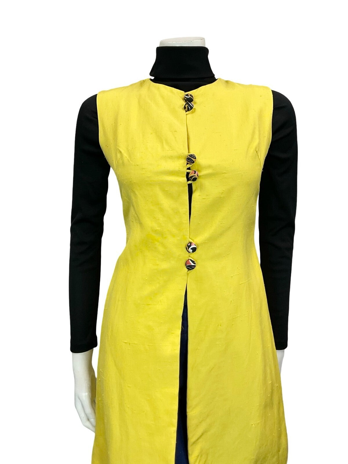 VTG 60S 70S BOHO HIPPY PSYCHEDELIC YELLOW BUTTON DOWN LONG WAISTCOAT XS 6