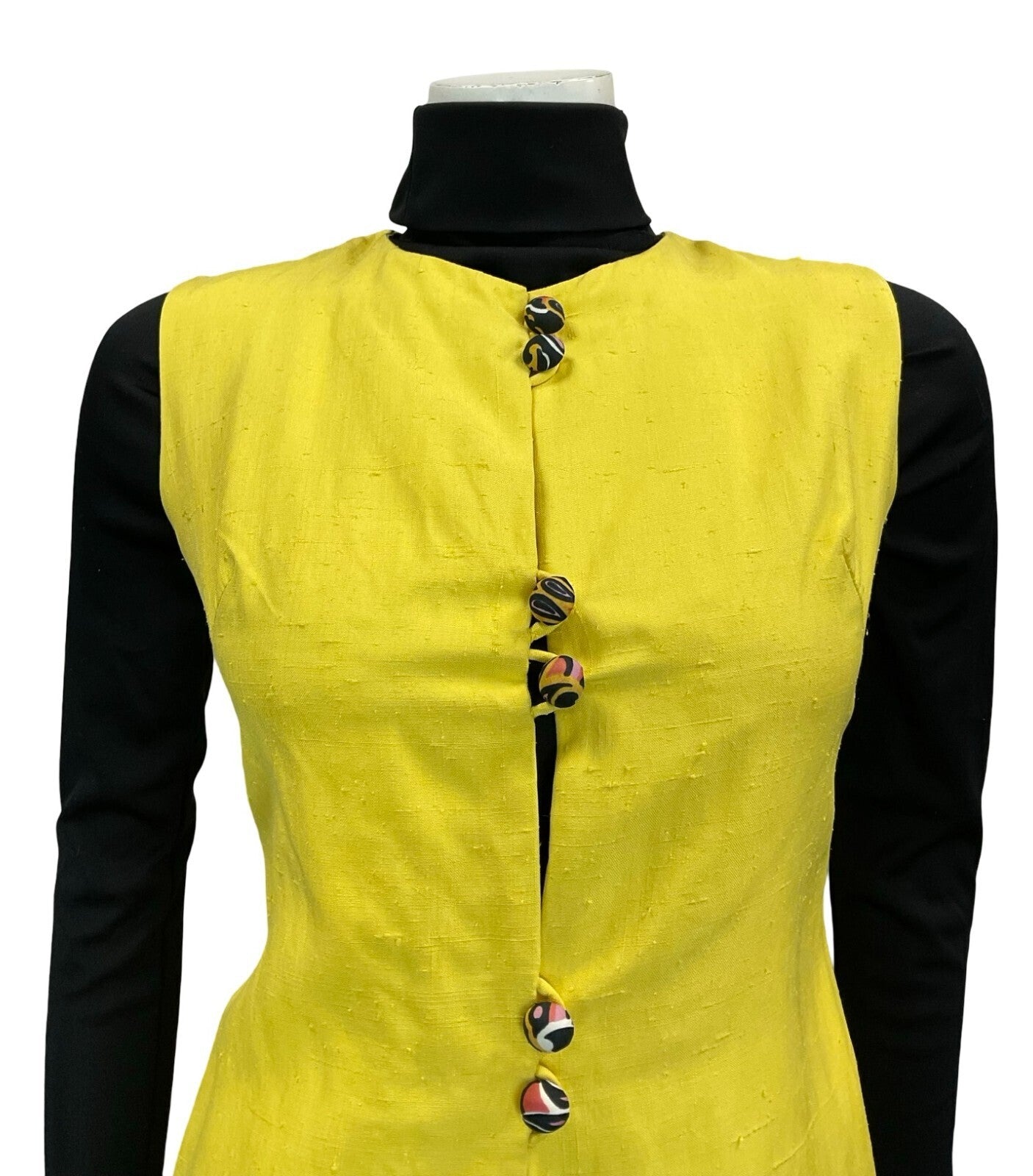 VTG 60S 70S BOHO HIPPY PSYCHEDELIC YELLOW BUTTON DOWN LONG WAISTCOAT XS 6
