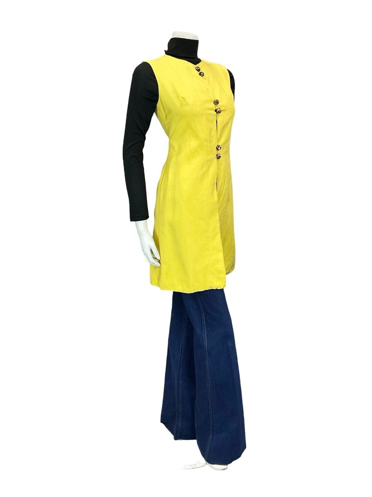 VTG 60S 70S BOHO HIPPY PSYCHEDELIC YELLOW BUTTON DOWN LONG WAISTCOAT XS 6