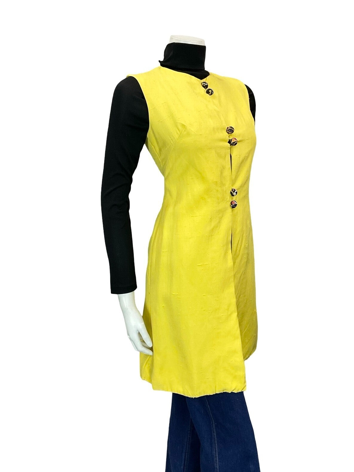 VTG 60S 70S BOHO HIPPY PSYCHEDELIC YELLOW BUTTON DOWN LONG WAISTCOAT XS 6