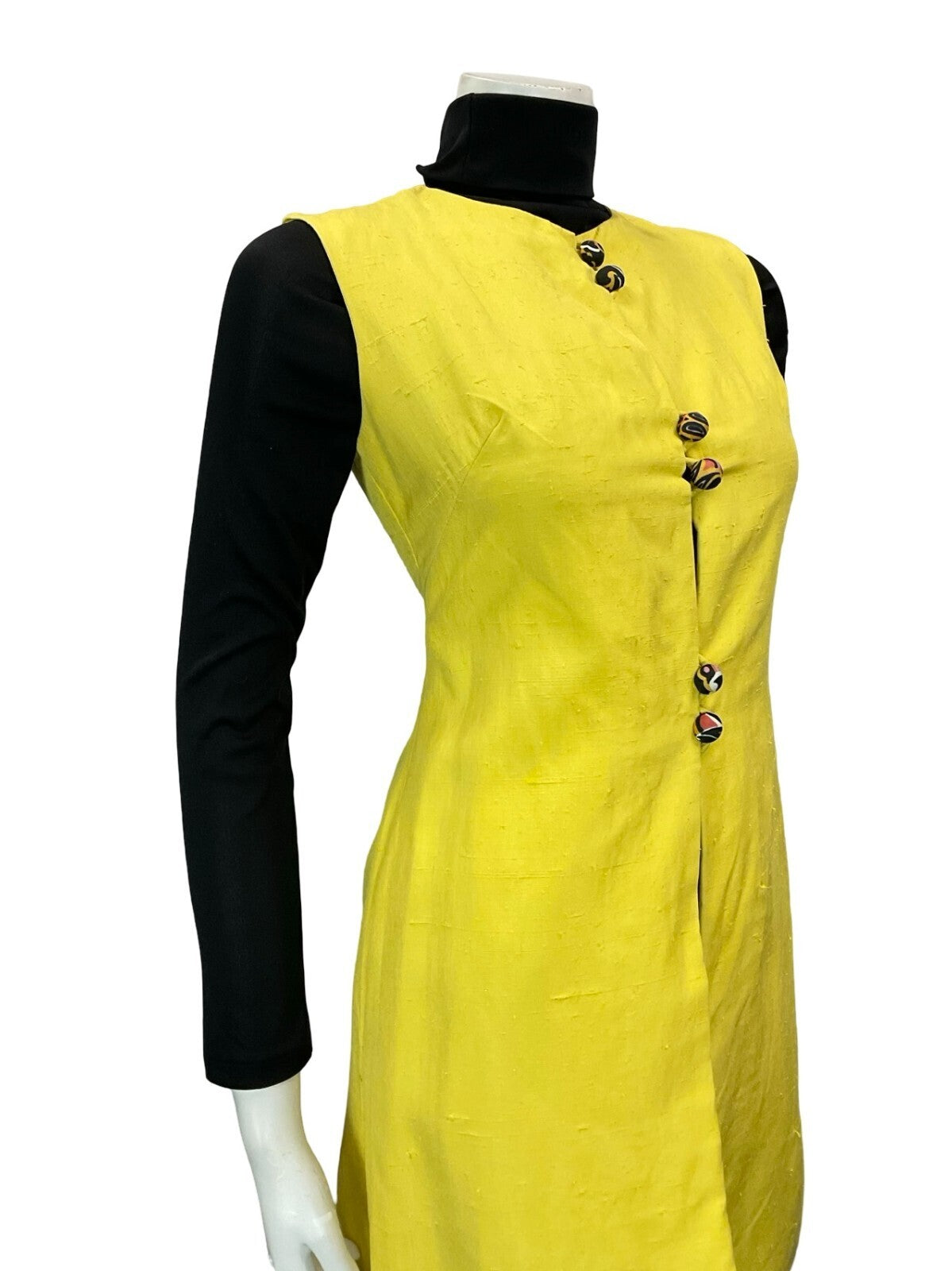 VTG 60S 70S BOHO HIPPY PSYCHEDELIC YELLOW BUTTON DOWN LONG WAISTCOAT XS 6