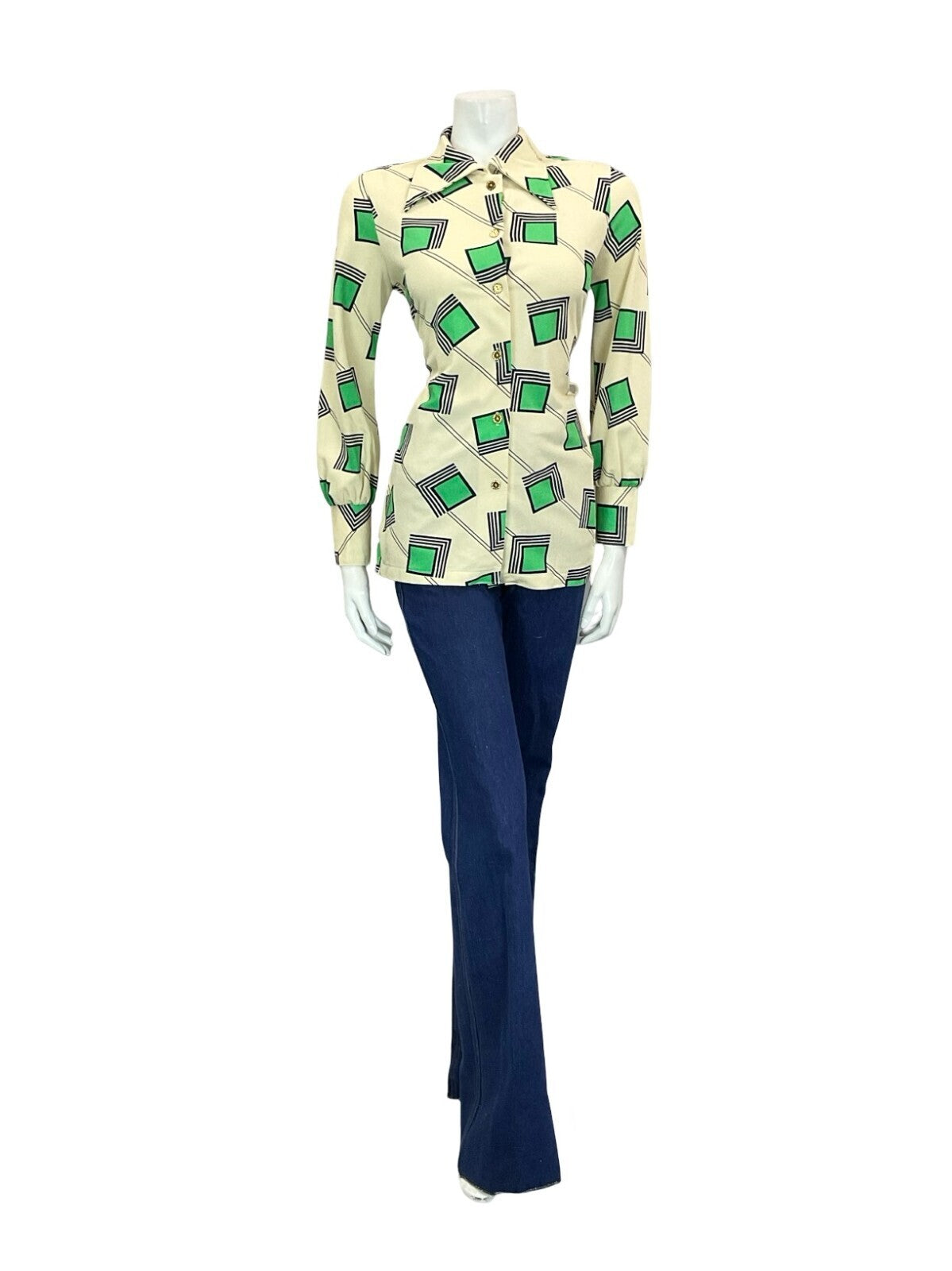 VTG 60S 70S CREAM GREEN BLUE GEOMETRIC SQUARE LINES DAGGER COLLAR SHIRT 12