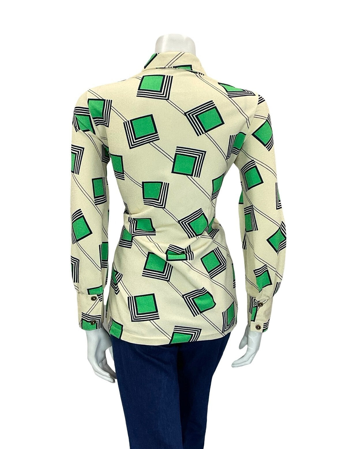 VTG 60S 70S CREAM GREEN BLUE GEOMETRIC SQUARE LINES DAGGER COLLAR SHIRT 12