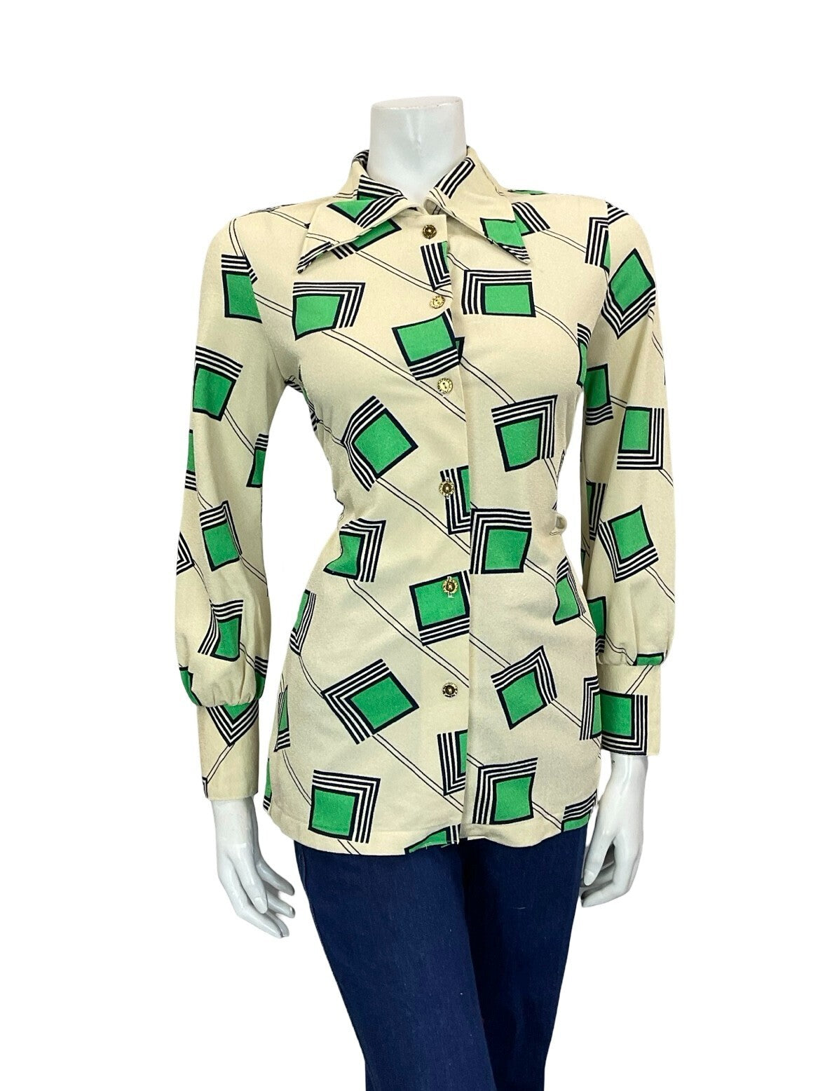 VTG 60S 70S CREAM GREEN BLUE GEOMETRIC SQUARE LINES DAGGER COLLAR SHIRT 12