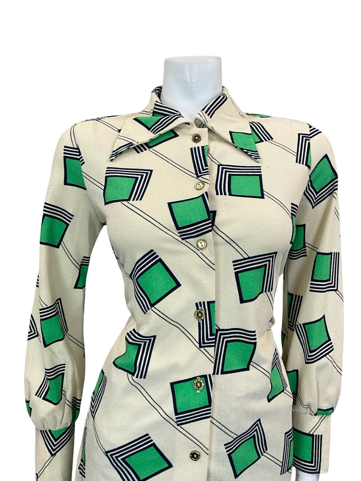 VTG 60S 70S CREAM GREEN BLUE GEOMETRIC SQUARE LINES DAGGER COLLAR SHIRT 12