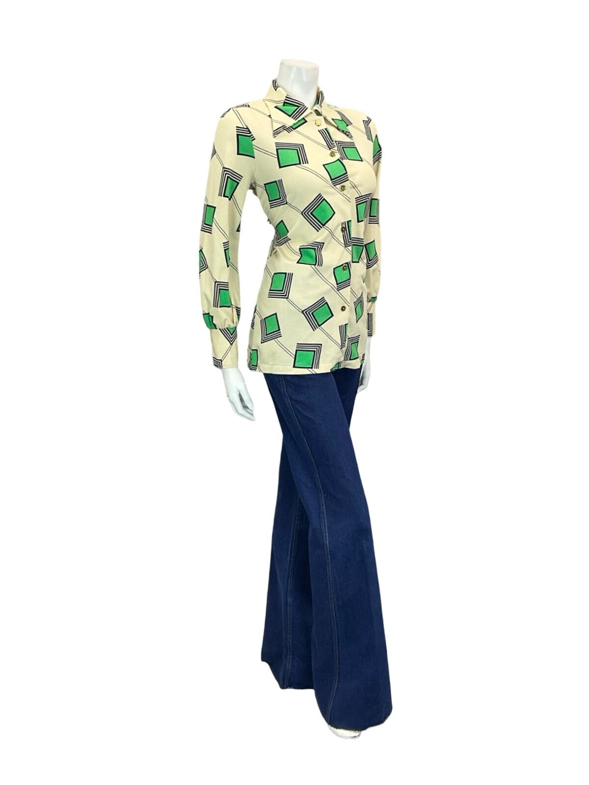 VTG 60S 70S CREAM GREEN BLUE GEOMETRIC SQUARE LINES DAGGER COLLAR SHIRT 12