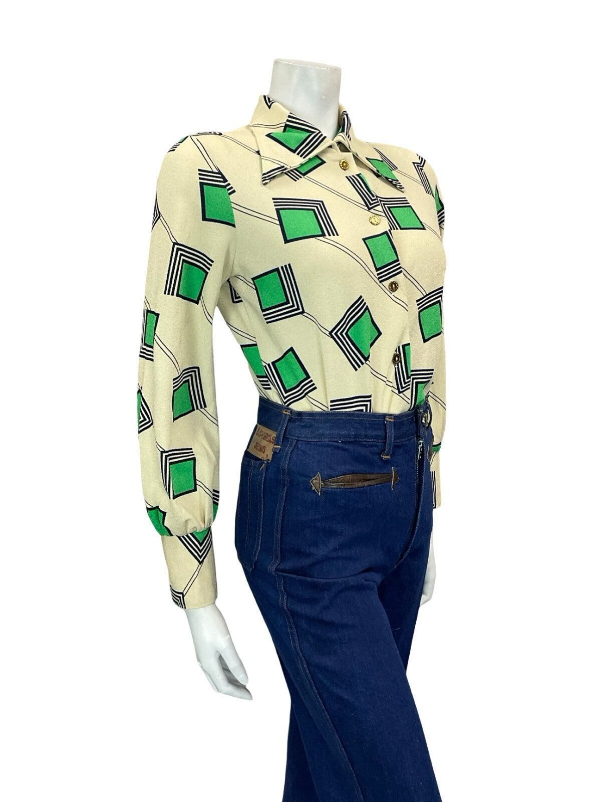 VTG 60S 70S CREAM GREEN BLUE GEOMETRIC SQUARE LINES DAGGER COLLAR SHIRT 12