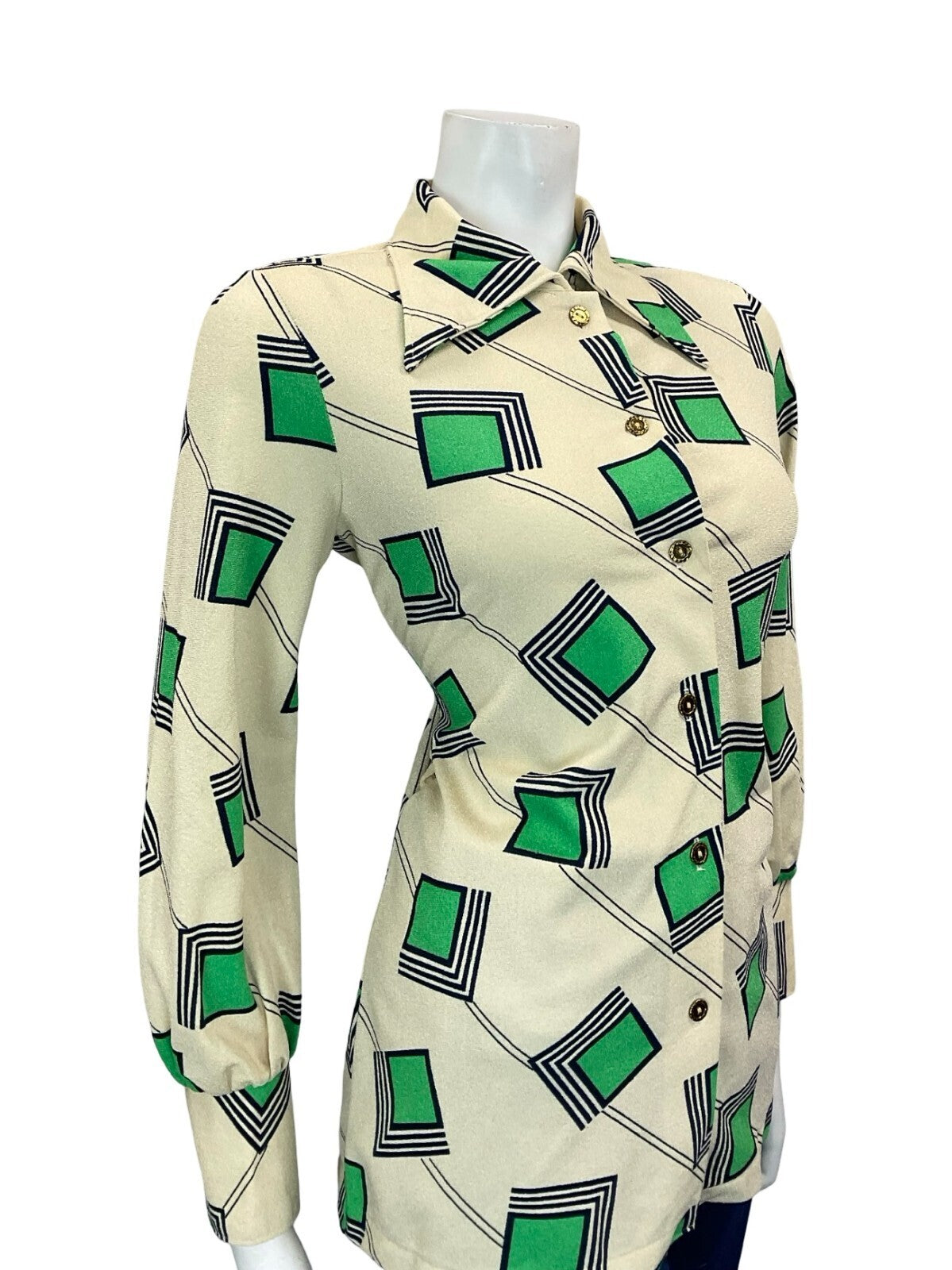 VTG 60S 70S CREAM GREEN BLUE GEOMETRIC SQUARE LINES DAGGER COLLAR SHIRT 12