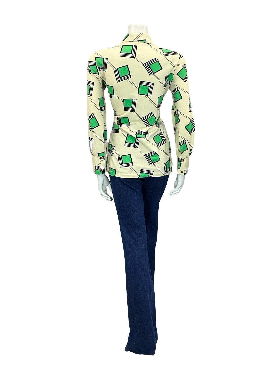 VTG 60S 70S CREAM GREEN BLUE GEOMETRIC SQUARE LINES DAGGER COLLAR SHIRT 12
