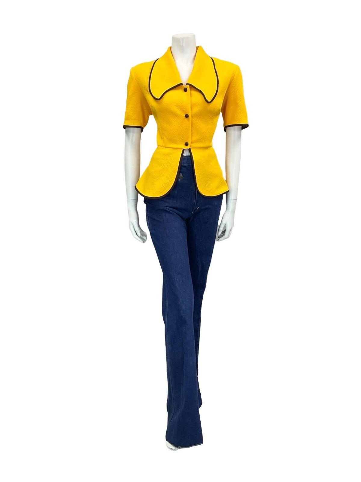 VTG 60S 70S TAILORED WAITRESS YELLOW BROWN DOG EAR CROPPED PEPLUM SHIRT 12