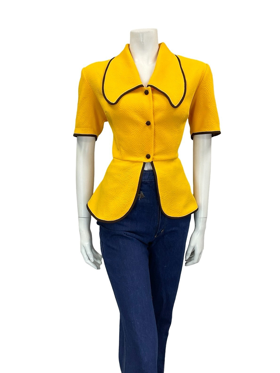 VTG 60S 70S TAILORED WAITRESS YELLOW BROWN DOG EAR CROPPED PEPLUM SHIRT 12