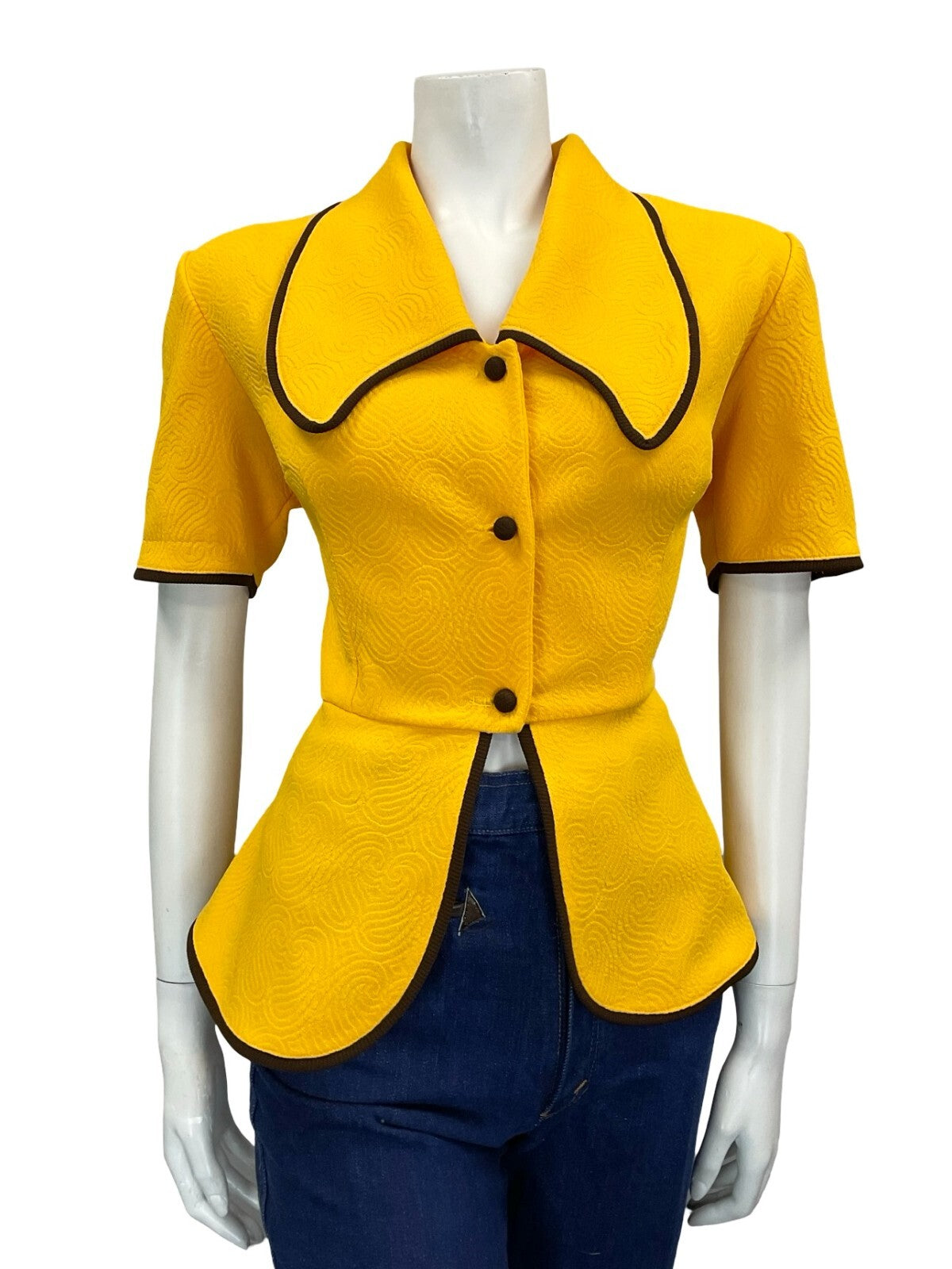 VTG 60S 70S TAILORED WAITRESS YELLOW BROWN DOG EAR CROPPED PEPLUM SHIRT 12