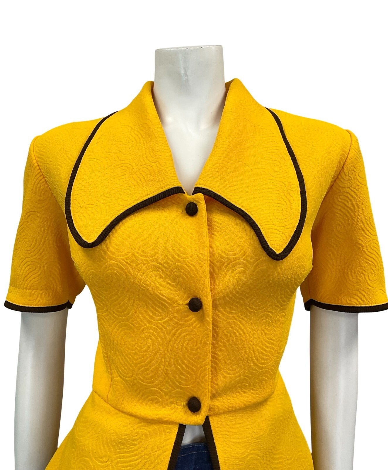 VTG 60S 70S TAILORED WAITRESS YELLOW BROWN DOG EAR CROPPED PEPLUM SHIRT 12