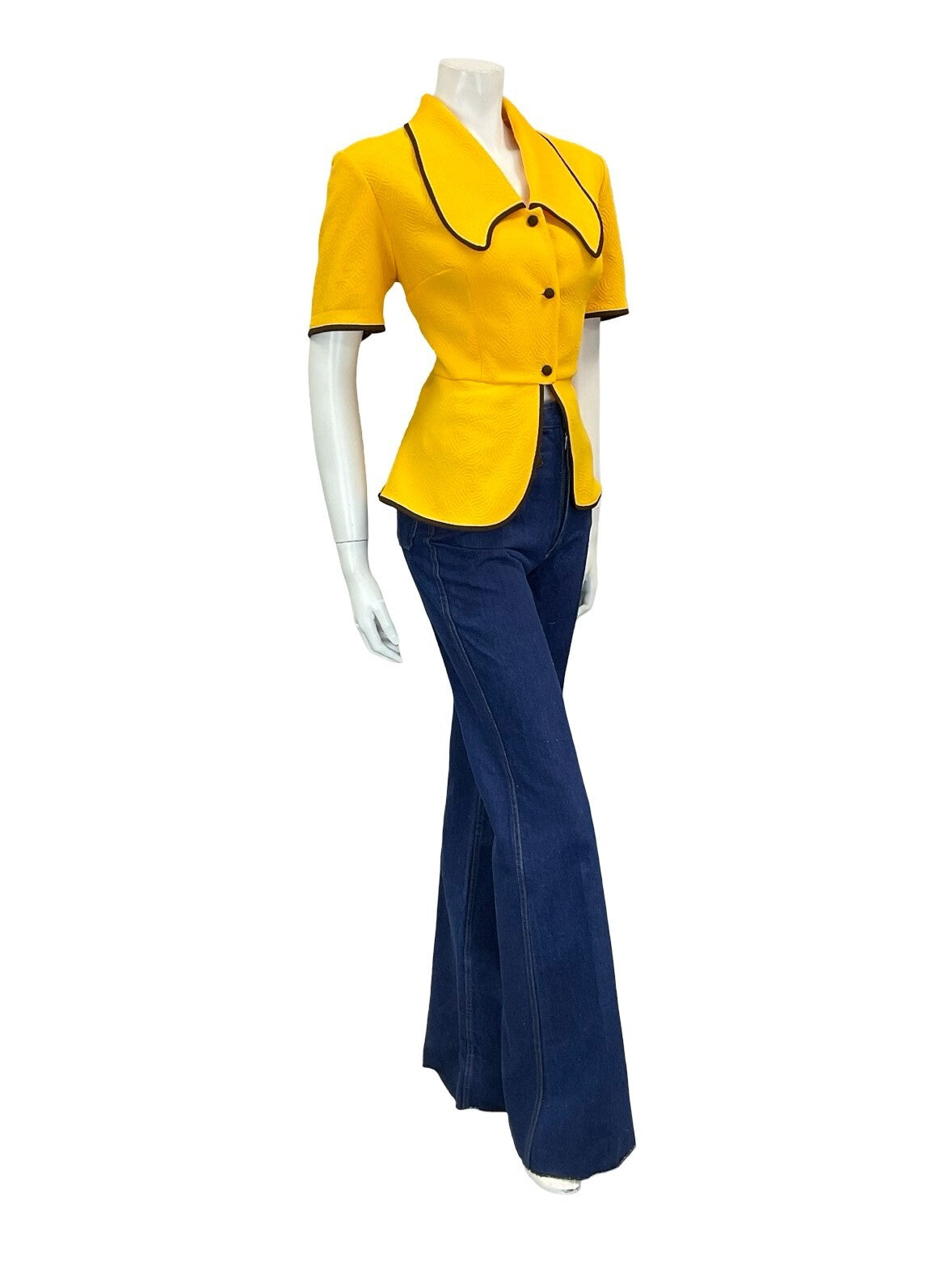 VTG 60S 70S TAILORED WAITRESS YELLOW BROWN DOG EAR CROPPED PEPLUM SHIRT 12